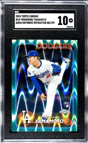 YOSHINOBU YAMAMOTO 2024 Topps Chrome Aqua Refractor Raywave /199 Rookie SGC 10