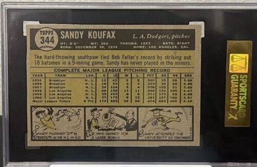 1961 TOPPS #344 SANDY KOUFAX SGC 8 NM-MT HOF DODGERS